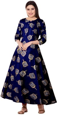 Trendy Fab Women Printed, Solid Flared Kurta(Dark Blue, Gold)