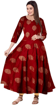 SILVER ORGANISATION Women Printed Gown Kurta(Maroon)