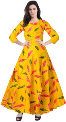 Khushi Print Women Printed Flared Kurta(Yellow)