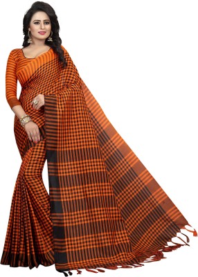 Cuts N Curves Checkered Bollywood Cotton Blend Saree(Orange)