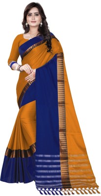 Cuts N Curves Striped Bollywood Cotton Silk Saree(Mustard)