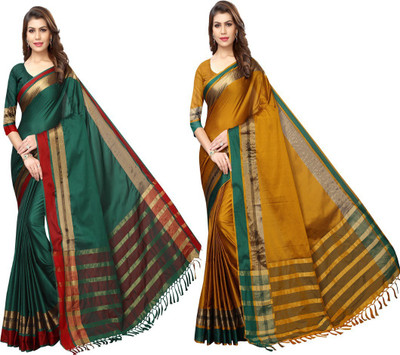 HITESH ENTERPRISE Solid/Plain Maheshwari Cotton Silk Saree(Pack of 2, Dark Green, Mustard)