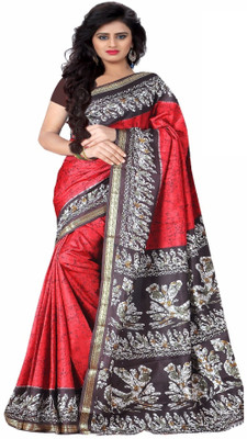 AJS Printed Hand Batik Art Silk Saree(Red)