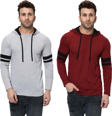 Adorbs Solid Men Hooded Neck Maroon, Grey T-Shirt