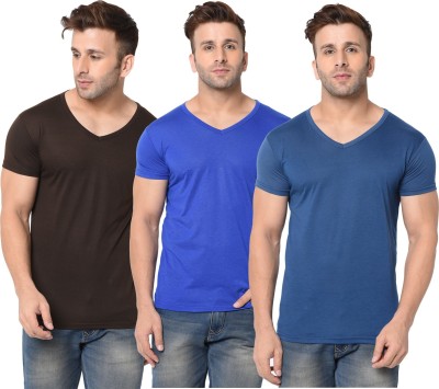 Jangoboy Solid Men V Neck Dark Blue, Brown, Blue T-Shirt