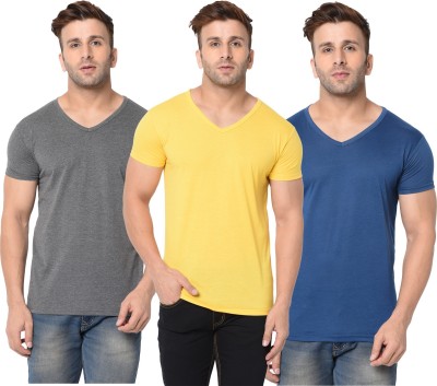 Jangoboy Solid Men V Neck Dark Blue, Grey, Yellow T-Shirt