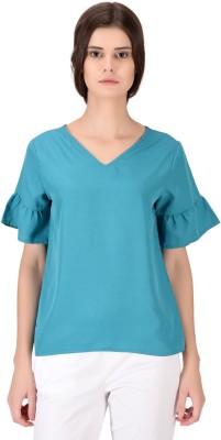 Oomph! Casual Bell Sleeve Solid Women Blue Top