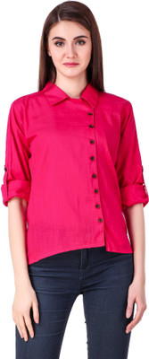 Fit N Fine Casual Roll-up Sleeve Solid Women Pink Top