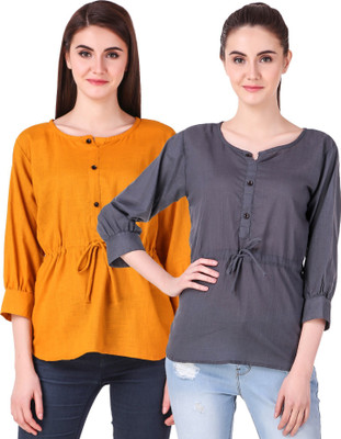 Fit N Fine Casual Cuffed Sleeve Self Design Women Multicolor Top