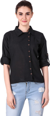 Fit N Fine Casual Roll-up Sleeve Solid Women Black Top