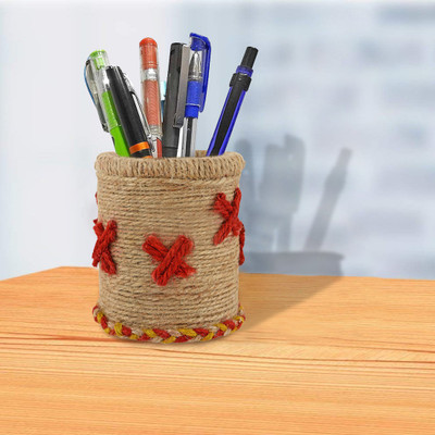Jute handicraft 1 Compartments Jute Jute Pen stand/desk Organizer/pen holder,Best Handicraft item for home décor and gift purpose .Great for kids study room(Brown, Red)