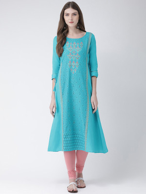 Span Women Embroidered A-line Kurta(Light Blue)