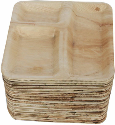 AGRI CLUB Areca Leaves 9"x9"inch 3 Compartments Square Disposal Plates,Set Of 25 Sectioned Plate(Pack of 25, Microwave Safe)