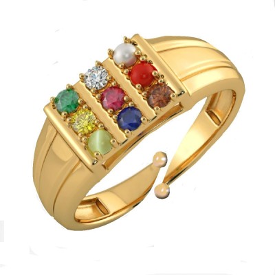 Vedvaani Navratan Gold Plated Ring 9 Gemstone Unisex Ring with Certificate of Authenticity Brass Gold Plated Ring