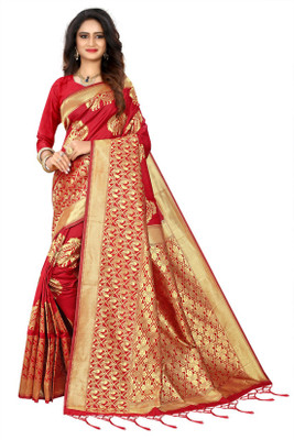 Kanooda Prints Woven Banarasi Cotton Silk Saree(Red)