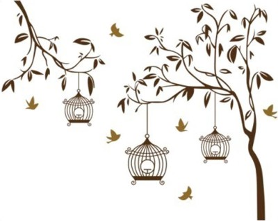 konark designer wallpapers 165 cm LARGE WALL STICKER FLORAL TREE WITH HANGING BIRD CAGE ( 165CM X 130CM ) Self Adhesive Sticker(Pack of 1)