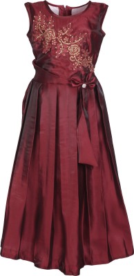 Arshia Fashions Girls Maxi/Full Length Party Dress(Maroon, Sleeveless)