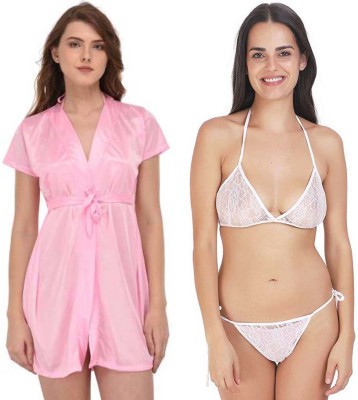 Lovie's Women Robe and Lingerie Set(Pink, White)