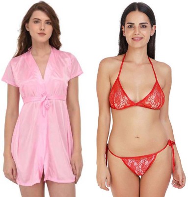 Lovie's Accessories Women Robe and Lingerie Set(Pink, Red)