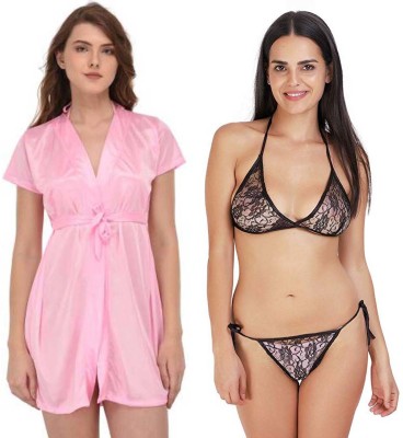 Lovie's Women Robe and Lingerie Set(Pink, Black)