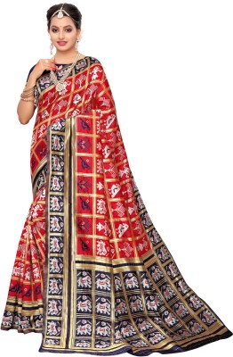 SAARA Embellished, Woven, Checkered Patola Silk Blend, Cotton Silk Saree(Multicolor, Red, Black)