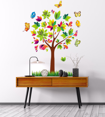 konark designer wallpapers 110 cm LARGE WALL STICKER MULTICOLOR ARTIFICIAL TREE WITH BUTTERFLIES ( 110 CM X 80 CM ) Self Adhesive Sticker(Pack of 1)