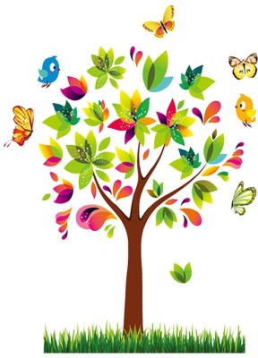 PERFECT DECOR 110 cm WALLSTICKER OF MULTICOLOR TREE WITH FLYING BIRDS & BUTTERFLIES ( 110CM X 80CM ) Self Adhesive Sticker(Pack of 1)