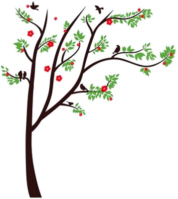 PERFECT DECOR 130 cm WALL STICKER ARTIFICIAL TREE WITH FLOWERS & BIRDS ) Self Adhesive Sticker(Pack of 1)