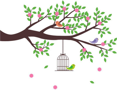 Wallzone 90 cm Tree With Birds Cages Removable Sticker(Pack of 1)