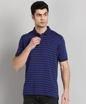 Louis Philippe Striped Men Polo Neck Blue T-Shirt