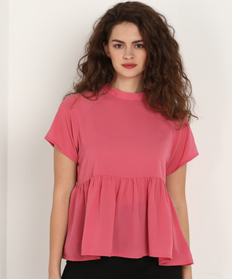 AND Casual Short Sleeve Solid Women Pink Top