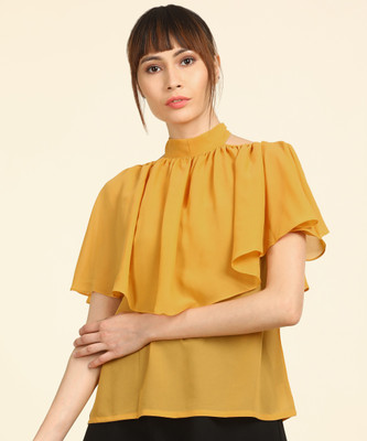 AND Casual Cape Sleeve Solid Women Yellow Top