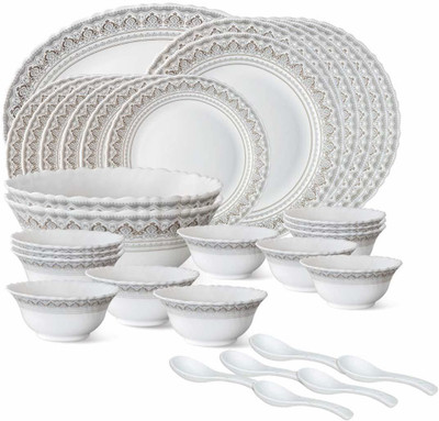 larah Pack of 33 Opalware present Borosil CLASSIC 35 pcs Opal Glass dinner set{{Dinner plate 11 (6 pcs) || Quarter plate (6 pcs) || Oval platter (1 Pcs) || Veg bowl (6 Pcs) || Soup Bowl (6 pcs) || Spoon (6 pcs) || Serving bowl medium (2 Pcs)}} Dinner Set(Microwave Safe)