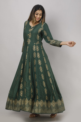 PANKHIL Women Printed Flared Kurta(Green)
