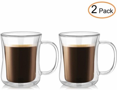 P-PLUS INTERNATIONAL Borosilicate Glass Glass Cups Pack of 2 420ml P23 ,Double Wall Glasss, Coffees or Tea Cups, Heat Resistance Glass Coffee Mug(420 ml, Pack of 2)