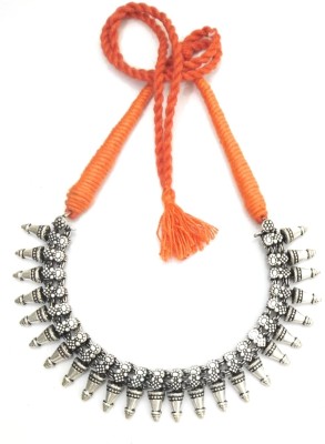 athizay Orange Thread Necklace Antique Texture oxidised silver Beads metal ladies fashion jewelry For Women And Girls Silver Plated Metal Necklace