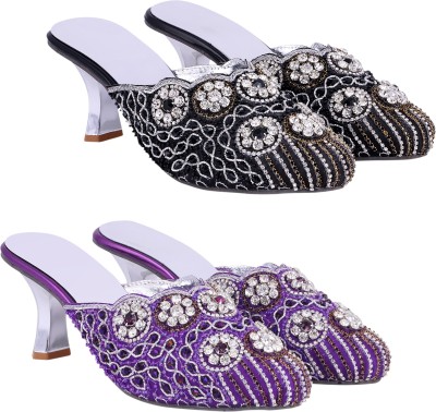 Zionk Women Heels(Black, Purple , 9)