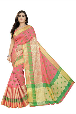 Cartyshop Woven Kanjivaram Cotton Blend, Art Silk Saree(Pink)