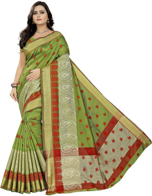 Cartyshop Woven Kanjivaram Cotton Blend, Art Silk Saree(Dark Green)