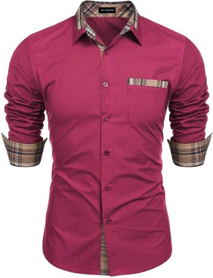 DEELMO Men Solid Casual Pink Shirt