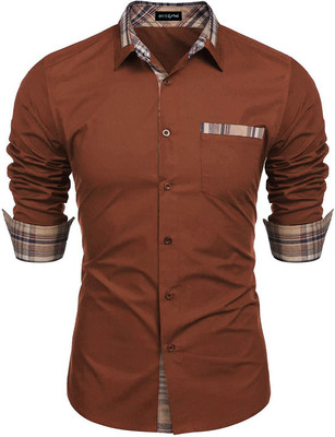 DEELMO Men Solid Casual Brown Shirt