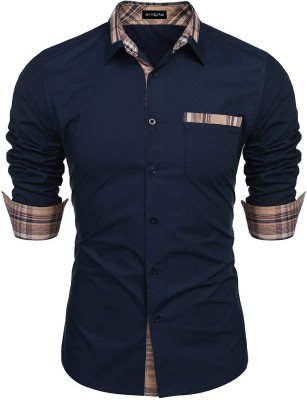 DEELMO Men Solid Casual Blue Shirt