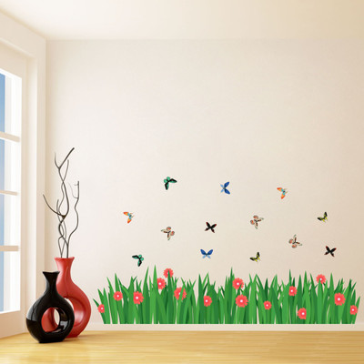 Decoration Stickers 91 cm Grass and Butterflies Wall Sticker 50cm x 91cm Self Adhesive Sticker(Pack of 1)
