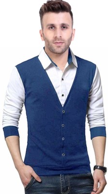 Try This Self Design Men Polo Neck Blue T-Shirt