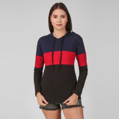 Tap in Colorblock Women Hooded Neck Dark Blue, Red, Black T-Shirt