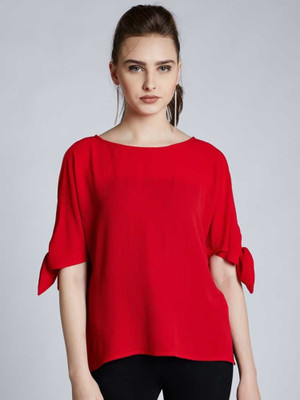 AZMAA Casual Half Sleeve Solid Women Red Top