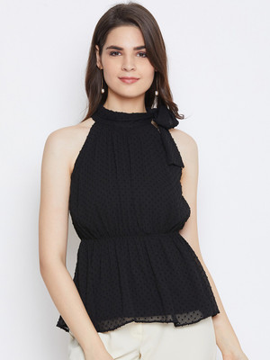 Imfashini Party No Sleeve Self Design Women Black Top
