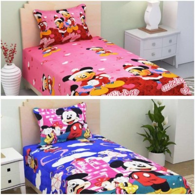 Home Readiness 185 TC Cotton Single Cartoon Flat Bedsheet(Pack of 2, Blue, Pink)