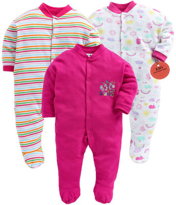 EIO Romper For Baby Boys & Baby Girls Striped, Solid, Printed Pure Cotton(Multicolor, Pack of 3)