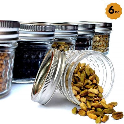 Femora Clear Glass Steel Cap Diamond Cutting Storage Spice Jars for Kitchen 6 Piece Spice Set(Glass)